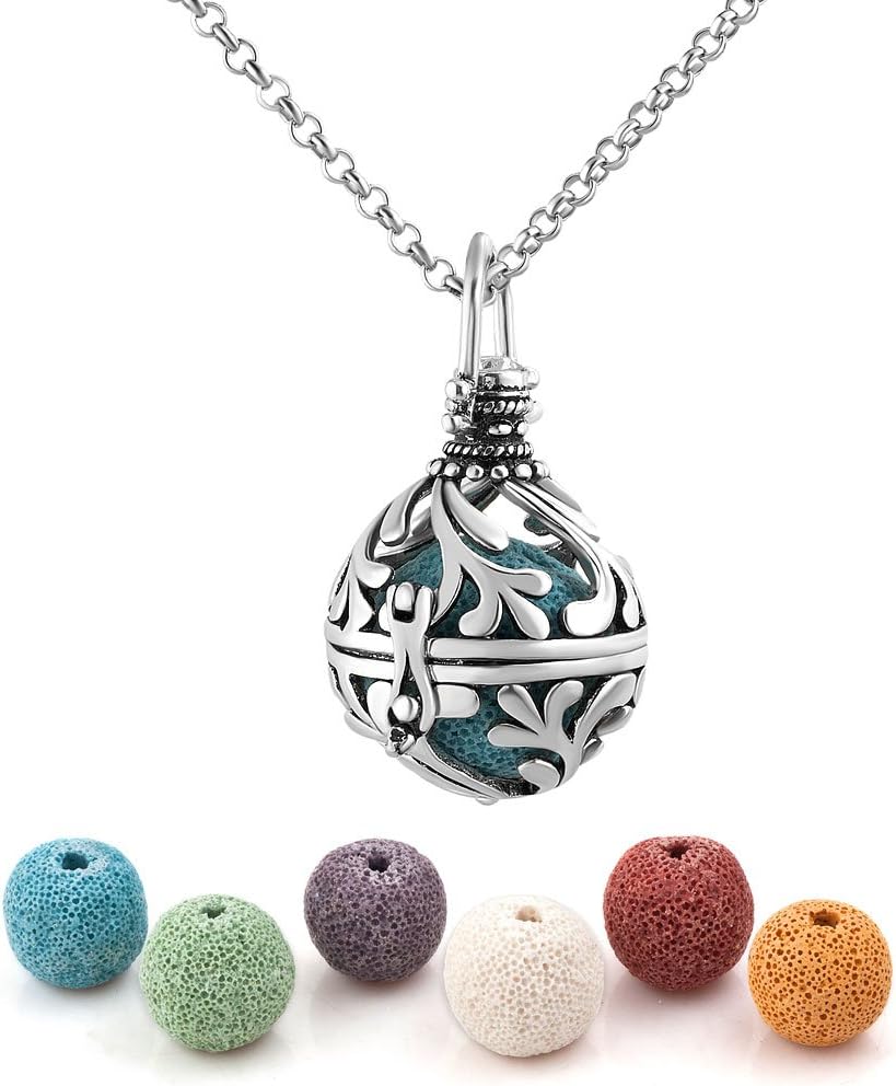 Heart of Charms Lava Stone Aromatherapy Essential Oil Diffuser Necklace Antique Locket Pendant with 32" Snake Chain and 6 Cashmere Sustained Release Ball