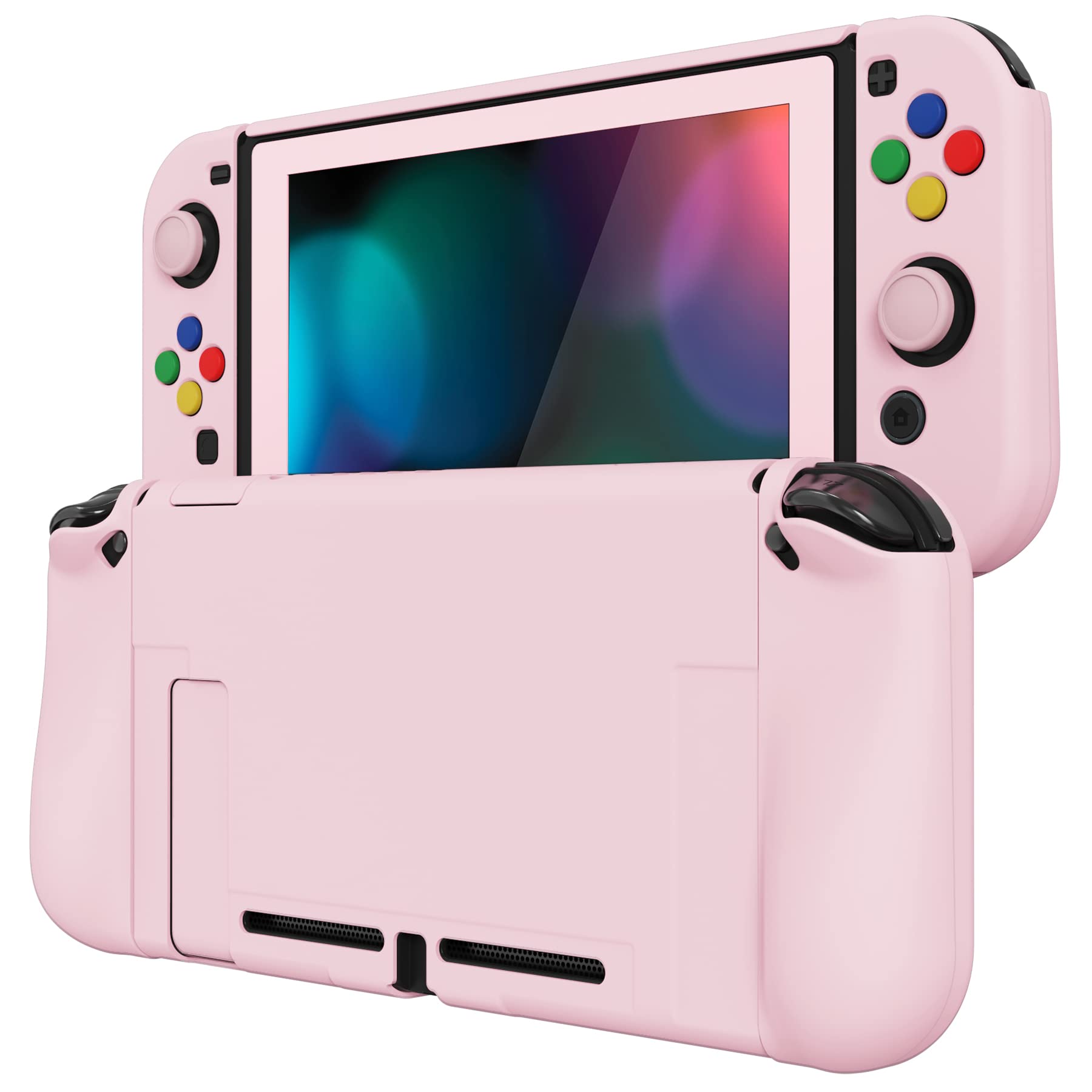PlayVital AlterGrips Ergonomic Grips Cover for Nintendo Switch, [2 Design] Interchangeable Comfort Dockable Protective Case with Screen Protector & Thumb Grip Buttons Caps - Cherry Blossoms Pink