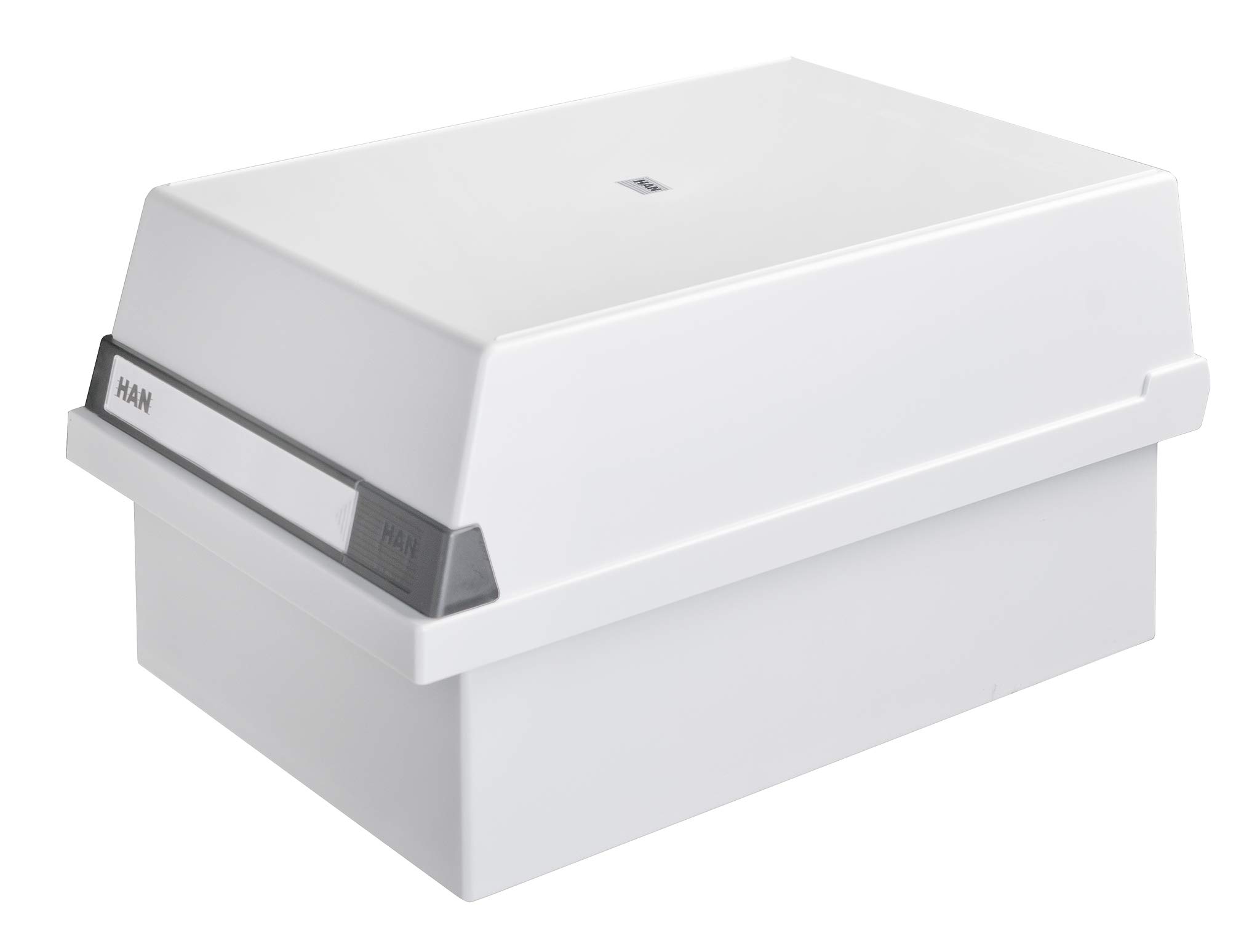 HAN 955-11, Card filing box A5 landscape. Innovative, attractive design holds 1,300 cards, readjustable lid supplied with large inscription label, light-grey