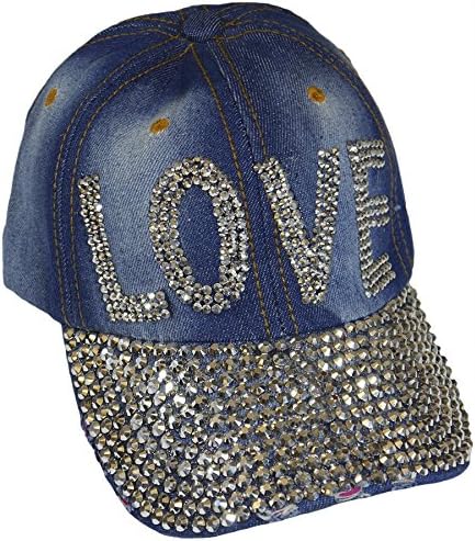 Love Sparkling Bedazzled Studded Baseball Cap Hat, Denim