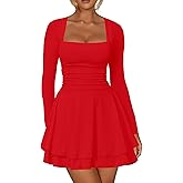 Kaximil Women's Square Neck Ruffle Hem Mini Dress Ruched Waist Long Sleeve Corset Short Party Dresses