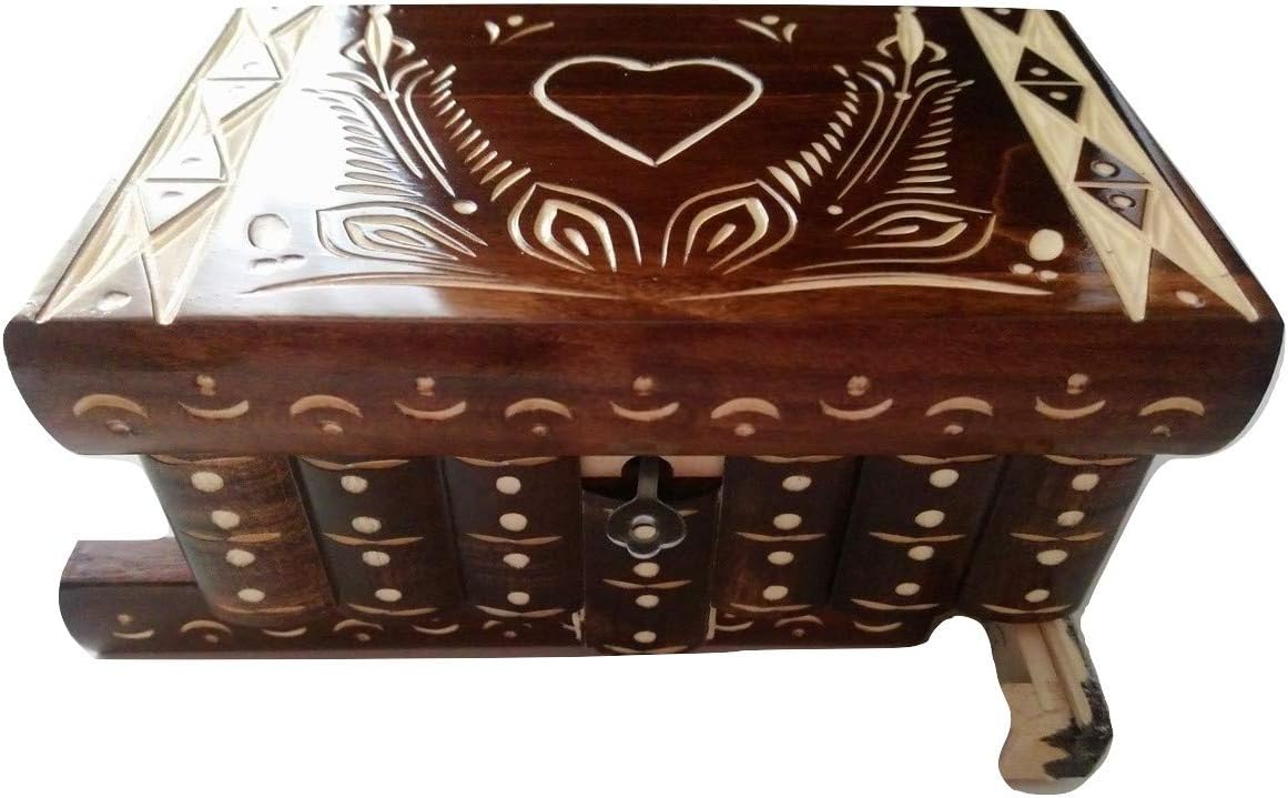 Big Wooden Magic Puzzle Box Secret Treasure Storage Beautiful Special handcarved Jewelry Box case (Brown Special Carved)