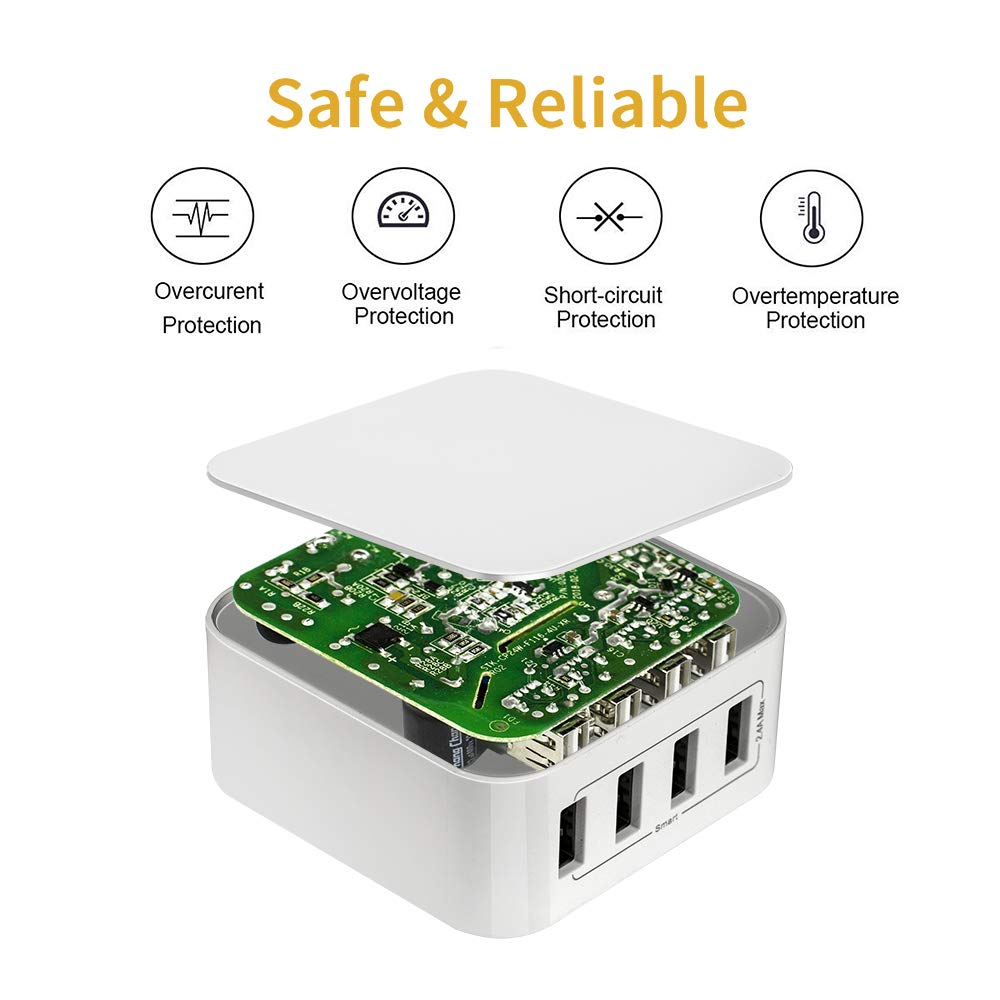 24W 4 Port USB Wall Charger with Foldable Plug for iPhone Xs/XS Max/XR/X/8/7/6/Plus, iPad Pro/Air 2, Galaxy/Note, LG, Nexus
