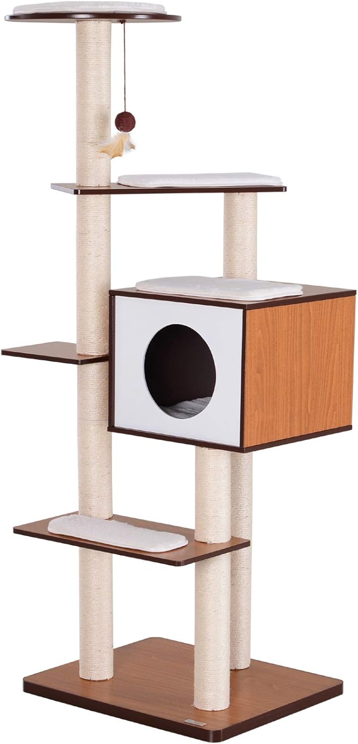 PawHut 60" Wood Cat Tree Tall Cat Condo Modern Cat Furniture Kitten