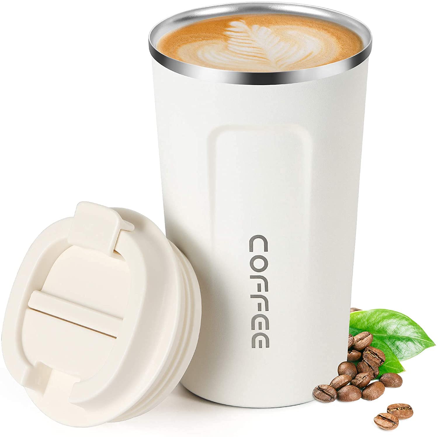 Insulated Coffee Cup, Senelux Double Walled Insulated Stainless Vacuum Coffee Travel Mug with Leakproof Flip for Keep Hot/Ice Coffee, Tea and Beer 18oz (510ml) Cream