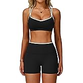 ABOCIW Workout Sets for Women 2 Piece Color Block Strappy Sports Bra High Waist Shorts Gym Yoga Pilates Outfits