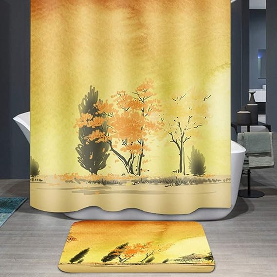 FHKGCD Gelbe Bäume Digitaldruck Duschvorhang Form Wasserdicht Schnell