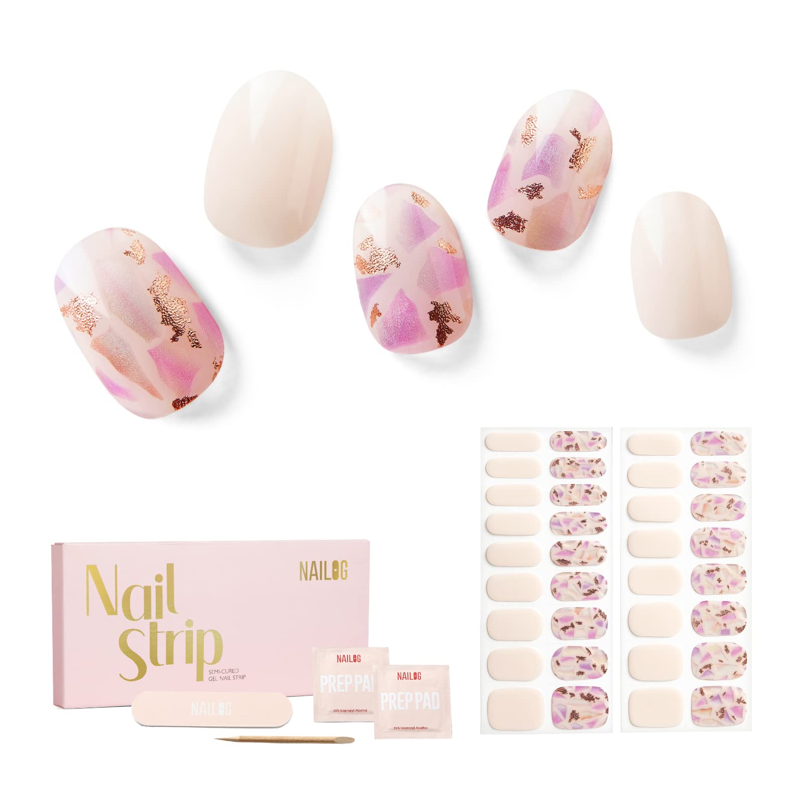 NAILOG Semi Cured Gel Nail Strips, 34 pcs Salon-Quality Gel Nail Stickers, Long Lasting Nail Wraps for Women with Soft Gel Finish, Morning Dew