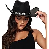 Womens Western Cowboy Hats Studded Pinched Western Cowgirl Hats Wide Brim Fedoras Hat with Belt Buckle (Size:Medium)