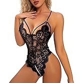 Satohom Women Sexy Lace Lingerie Bodysuit One Piece Teddy Underwear Halter Leotard Deep V Sleepwear Backless Negligee