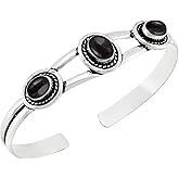 Natural Three Gemstones 925 Silver Overlay Open Bangle for Women - Oval Stone Vintage Style Handmade Adjustable Cuff Bracelet Jewelry - Perfect for Wedding & Special Occasions