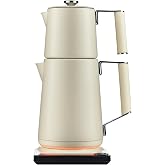 Saki Turkish Tea Maker Machine Pro, Electric Double Teapot, 1.75 L, White | Stainless Steel Kettle &amp; Teapot, No Plastic Touches Water, 6 Brew Presets, 120 min Keep-Warm, Magnetic Infuser, 1500W