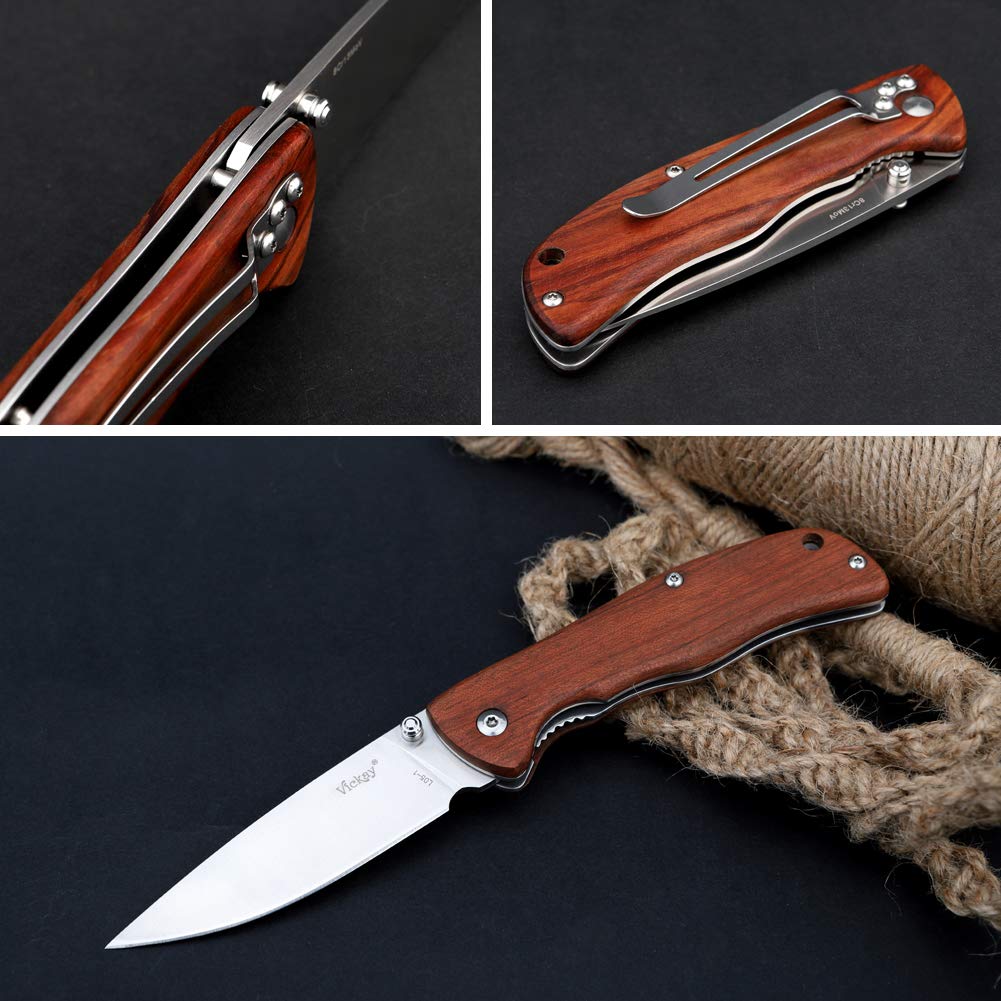 Liner Lock Folding Knife with 8Cr13MoV Stainless Steel Blade, Brown Wood Handle, Belt Clip Outdoor Hunting Camping Tactical Tool EDC Pocket Knives