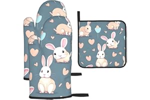 Cartoon Cute Bunny Oven Mitts and Pot Holders Sets. 3piece Set, Suitable for Cooking, Grilling, Kitchen use, etc.