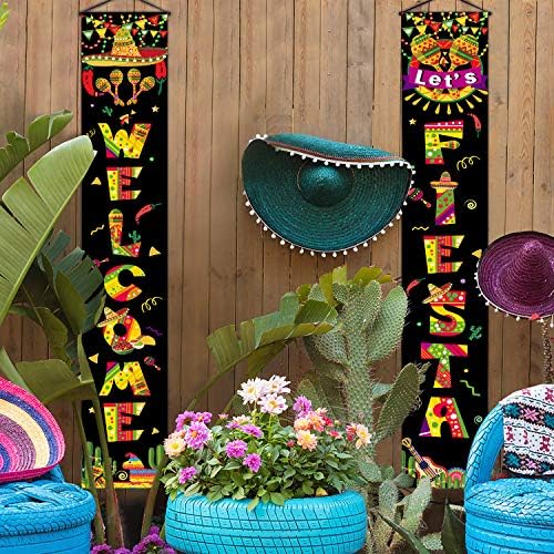 Mexican Fiesta Party Decoration Set Porch Sign Welcome Fiesta Banner Hanging Decoration For Indoor/Outdoor Fiesta Decoration Mexican Fiesta Party Decorations (Black Fiesta)