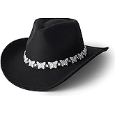 Gossifan Western Cowboy Hat for Men Women Wide Brim Felt Fedora Cowgirl Hats with Buckle Belt