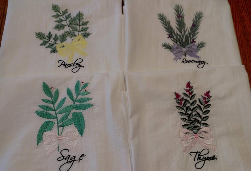 Set pf 4 embroidered tea towels, parsley, sage, rosemary