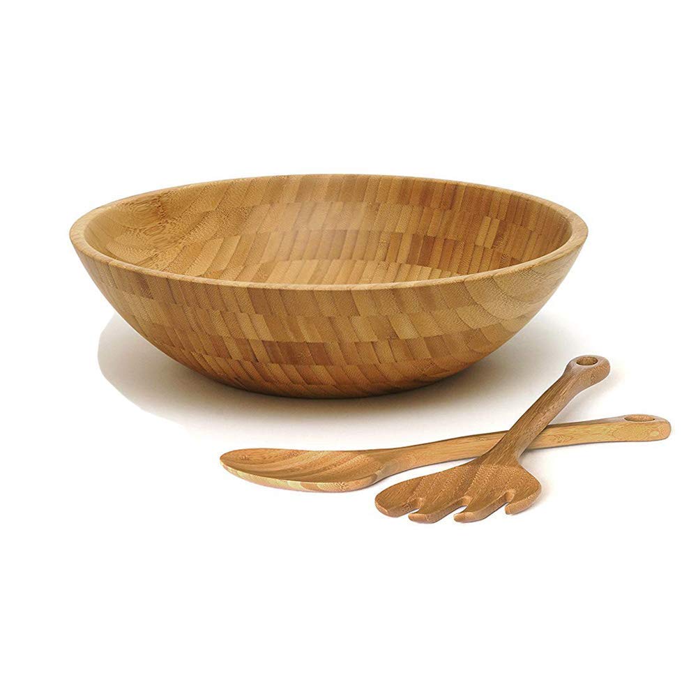 Bamboo Salad Bowl with 2 Serving Utensils Spoon Wood Round Salad Bowl Mixing Bowl