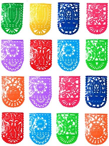 Medium Mexican Papel Picado Tissue PLASTIC Banner - Pack of 3 Banners of 16 Feet and 16 Vertical Frames Each (48 Frames and 48 feet in total)