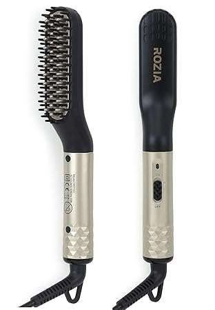 ROZIA 2 in 1 Portable Ionic Hair Straightening Upgraded Professional Beard Comb with Ceramic Heated and Anti-Scald Feature Straightener Brush for Men for Home Travel