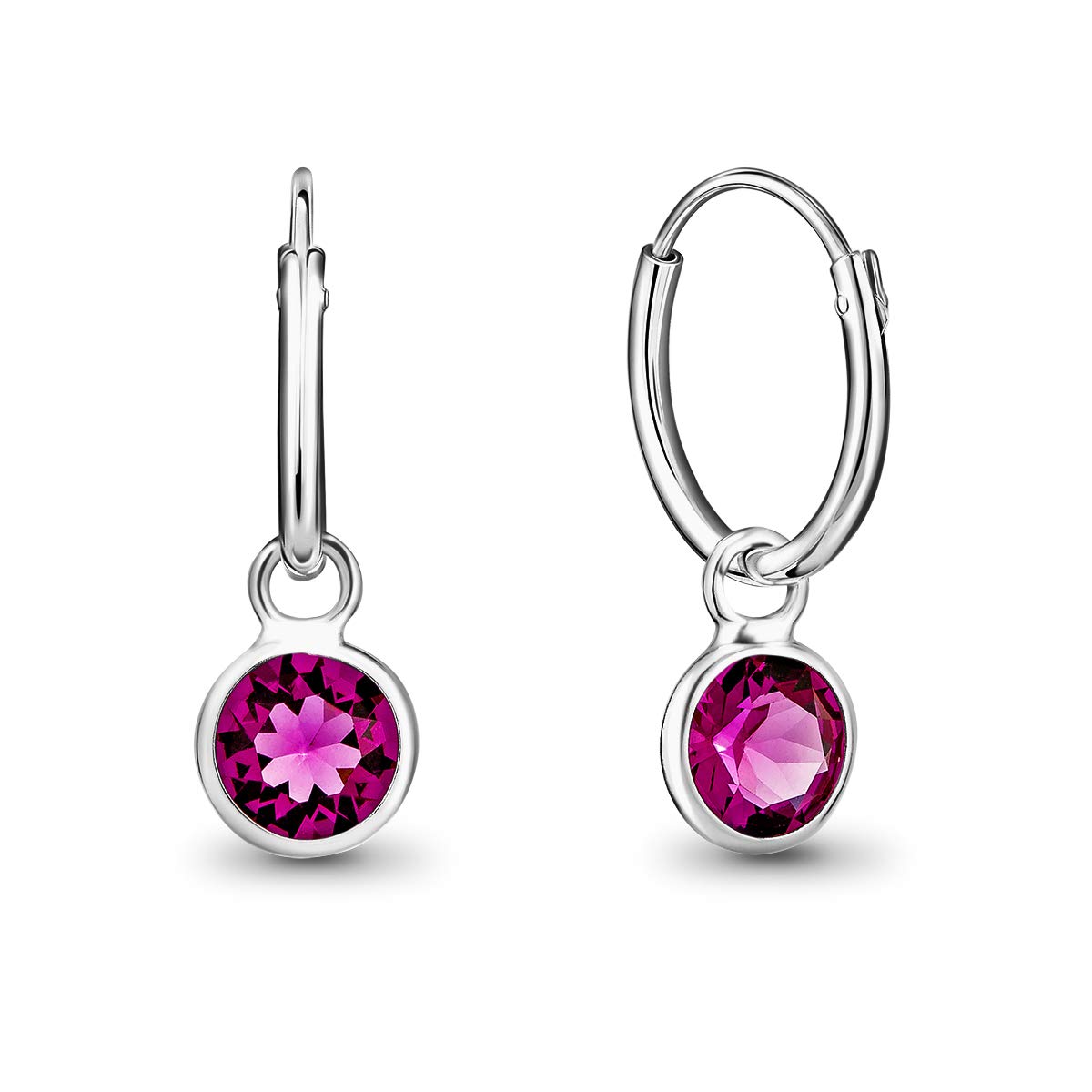 925 Sterling Silver Small Endless Hoops Earrings with Round Dangling Crystals 5 mm - Fuchsia Sleeper Earrings for Women - Thickness 1.5 mm - Outer Diameter: 14 mm