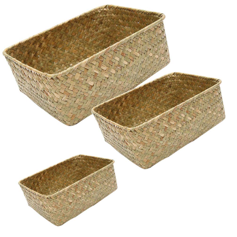 BESTonZON Braided Storage Basket Seagrass Basket Square Storage Box Woven Shelf Basket Desktop Organiser Multifunctional Storage Room Kitchen Bathroom Table Books Household