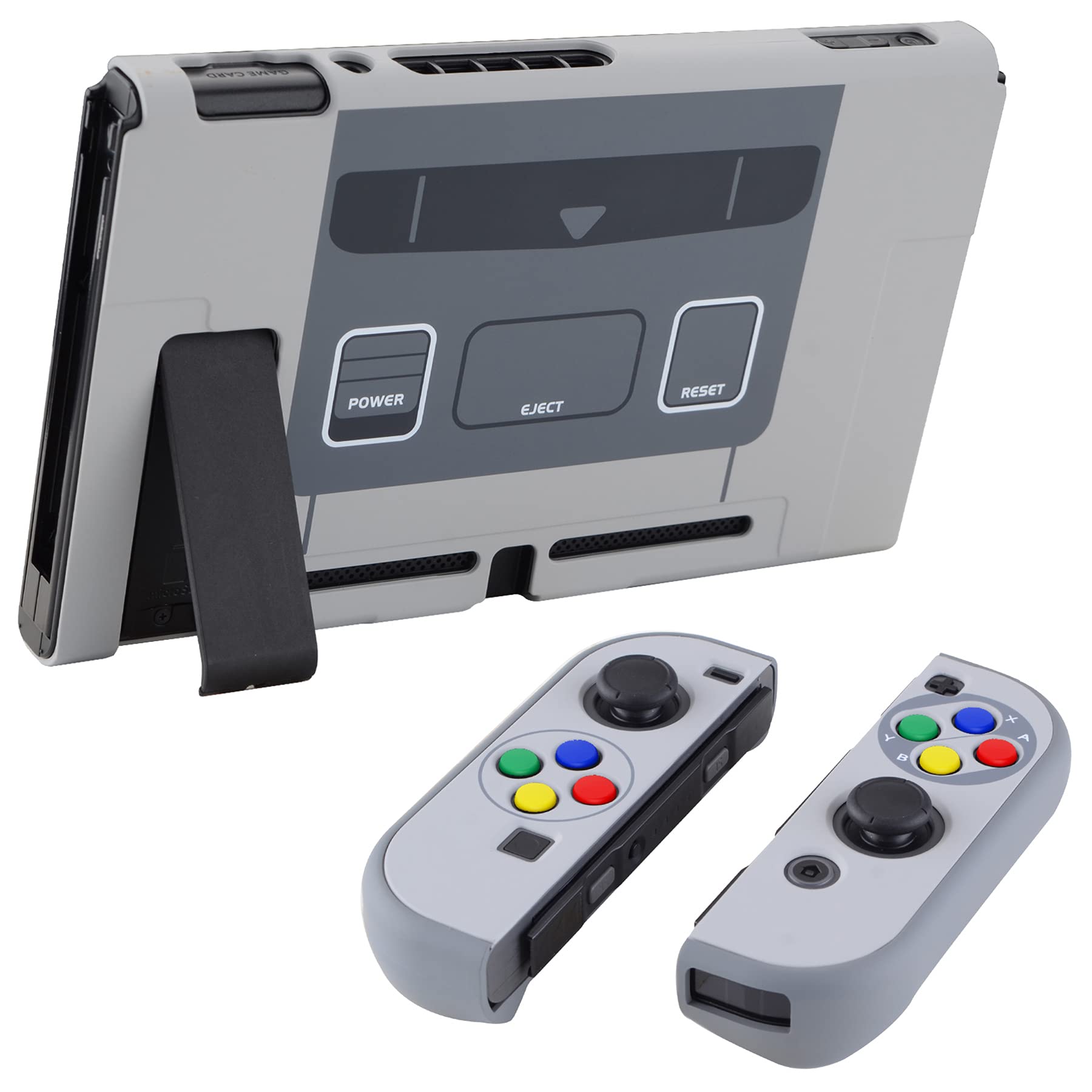 eXtremeRate PlayVital Back Cover for Nintendo Switch, NS Joycon Handheld Controller Protector Hard Shell, Dockable Protective Case with Colorful ABXY Direction Button Caps - SFC SNES Classic EU Style