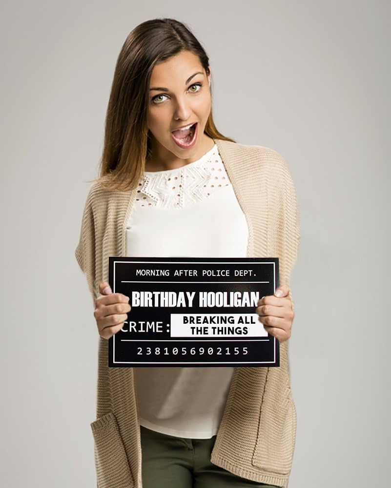 Mugshot Signs - 25 Photo-Booth Props with Height Chart Backdrop Poster for Birthday, Wedding, Bachelorette Party, Sign: 11.5 x 7.5 Inches, Background: 5.17 x 3.83 Feet: Kitchen & Dining