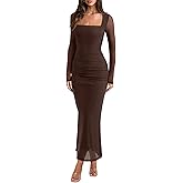 REORIA Long Sleeve Wedding Guest Maxi Dresses for Women Sheer Mesh Square Neck Ruched Bodycon Long Dress 2026 Spring Outfits