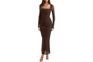 REORIA Long Sleeve Wedding Guest Maxi Dresses for Women Sheer Mesh Square Neck Ruched Bodycon Long Dress 2025 Fall Outfits