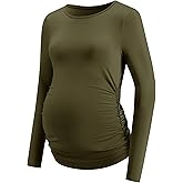 LOMON Maternity Shirts Long Sleeve Thermal Tops Side Ruched Casual Tshirt Crewneck Fleece Base Layer for Pregnant Women