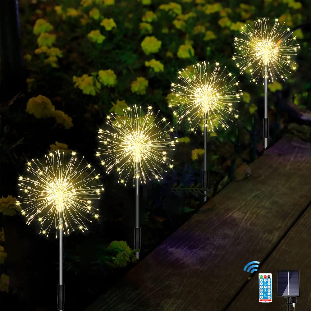 Joysing Solar Lights Outdoor Garden 4 x 120 LED Solar Firework Lights, 8 Modes Starburst Light with Remote, Waterproof Firefly Light for Backyard Patio Wedding Decoration(Warm White)