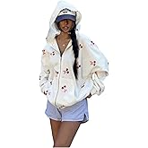 OYOANGLE Women's Zip Up Hoodies Y2K Cherry Print Long Sleeve Oversized Hooded Sweatshirts