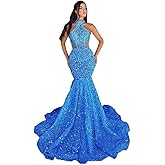 Mermaid Prom Dresses 2025 Long Sequin Sparkly Halter Beaded Sexy Sheer Evening Gowns Formal Party Dresses with Train