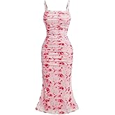 VAGIFOD Women's Floral Ruched Bodycon Midi Slim Fit Dress Sleeveless Mesh Fishtail Cami Party Dresses
