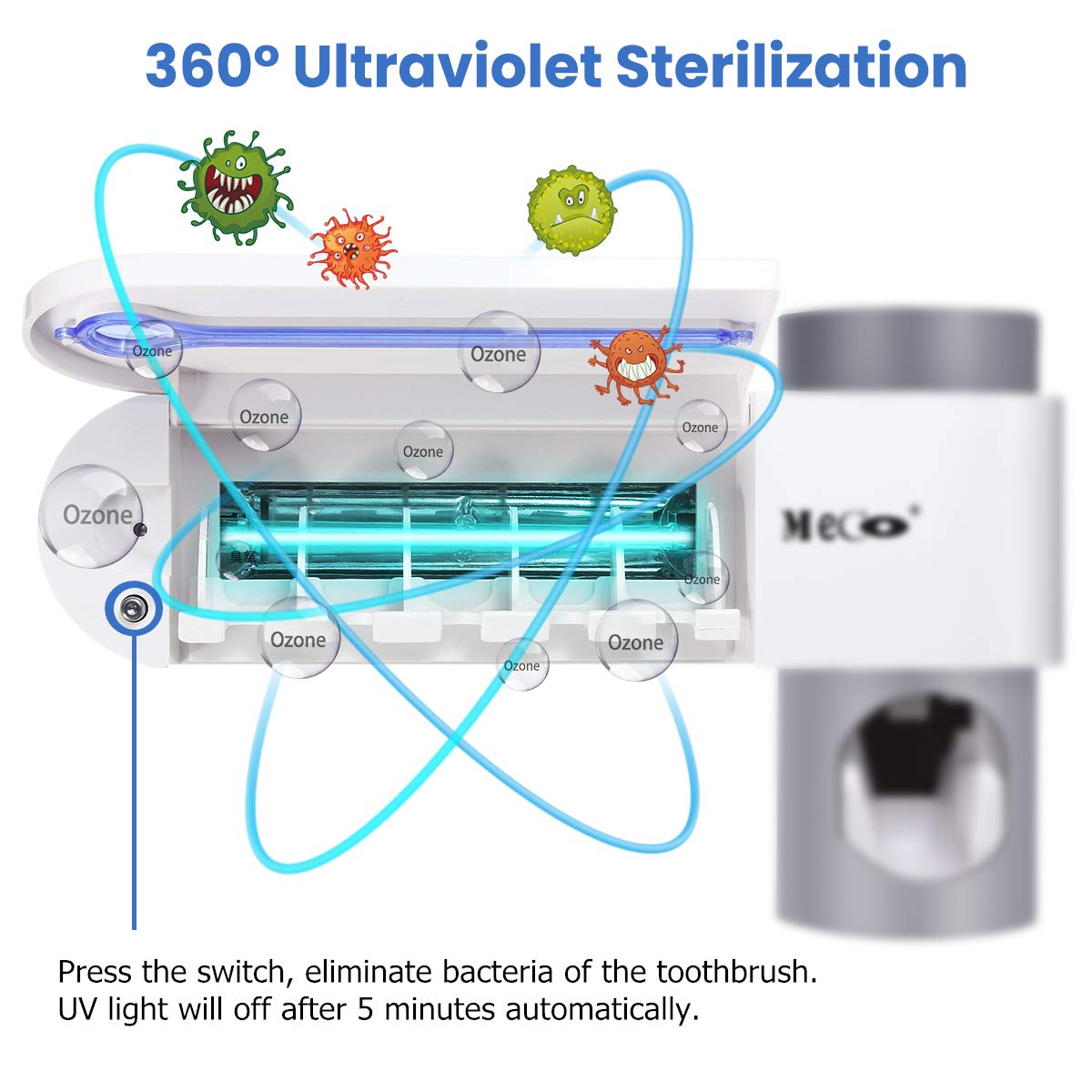 MECO UV Toothbrush Holder, Toothpaste Dispenser + 5 Toothbrush