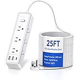 Flat Extension Cord 25 FT-NTONPOWER Surge Protector Power Bar with 9 Widely Outlets 3 USB (1 USB C), 1080J,Long Extension Cor