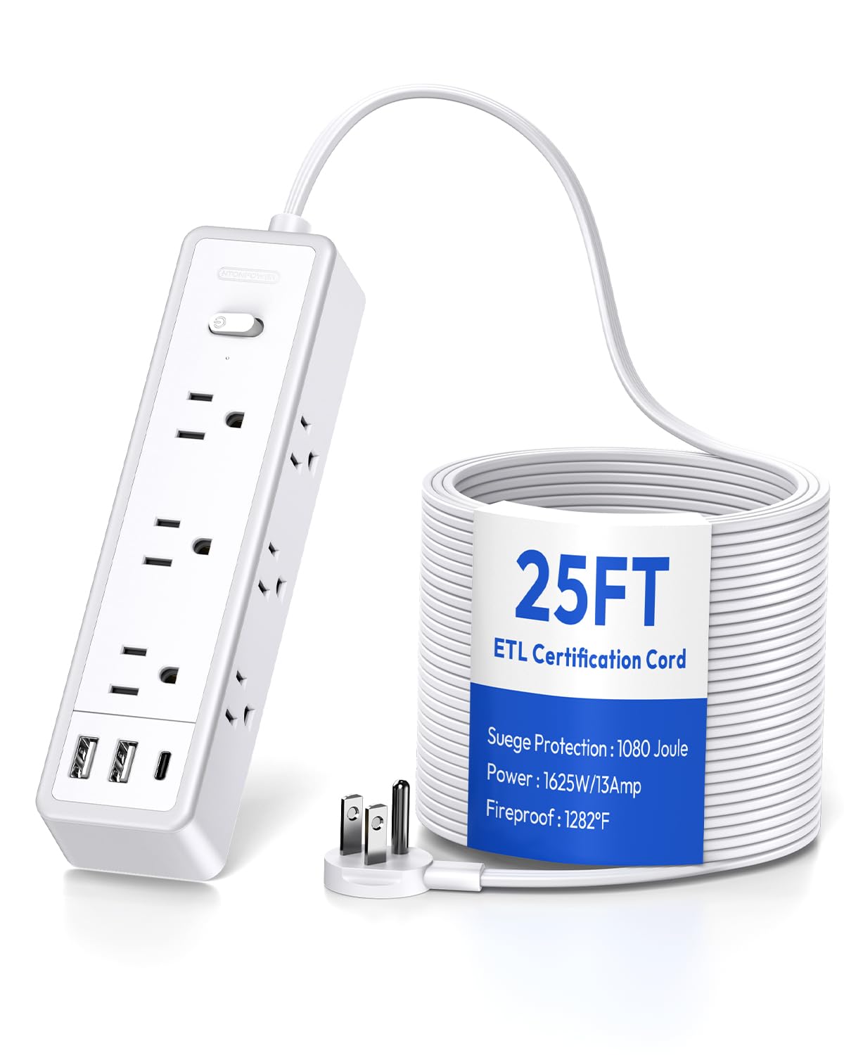 Photo 1 of Flat Extension Cord 25 ft, NTONPOWER Surge Protector Power Strip with 9 Widely Outlets 3 USB (1 USB C), Long Extension Cord with Multiple Outlets,1080J,3 Side Extender, Mounted, for Home Office,White