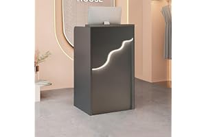 Reception Desk Counter Table, L-Shap Cashier Front Desk with Open Shelves, Modern Retail Counter with Drawers, Standing Front