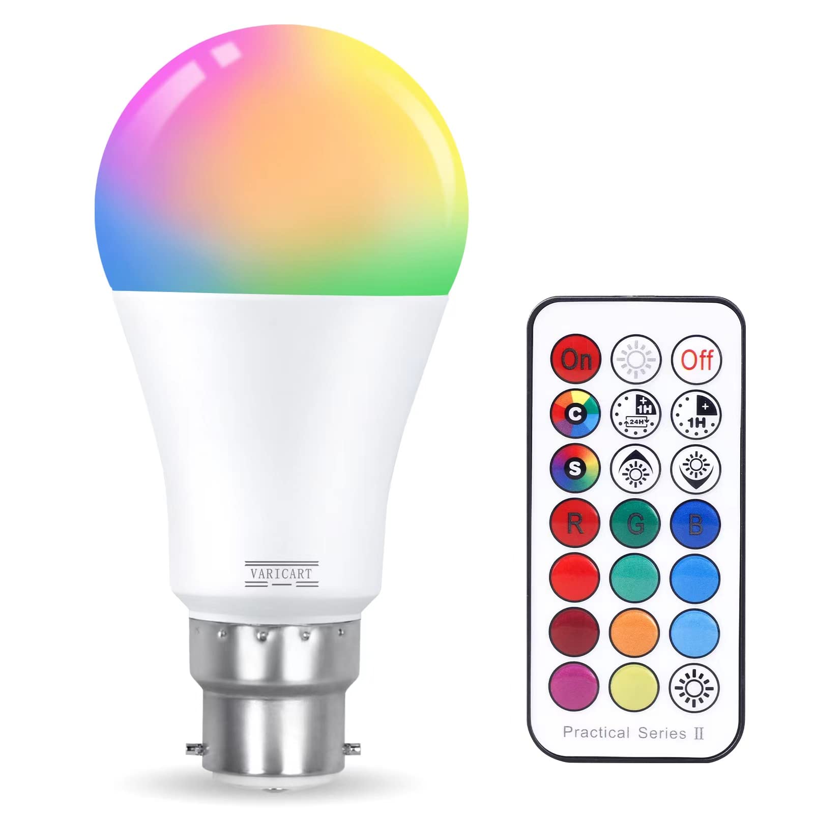 VARICART B22 10W Colour Changing Light Bulb Dimmable, LED Bulbs Bayonet with Remote, RGB + Cool White 6000K, 12 Colour + 5 Modes, Dual Memory, 75W~100W Equiv. for Home Dec & Mood Lighting (Pack of 1)