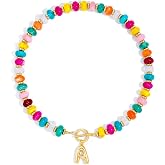 NIKOLUX Colorful Initial Necklaces for Women Chunky Resin Beaded Toggle Necklace 14K Gold Plated A-Z Bubble Letter Pendant Necklace Trendy Summer Beach Handmade Jewelry Gift