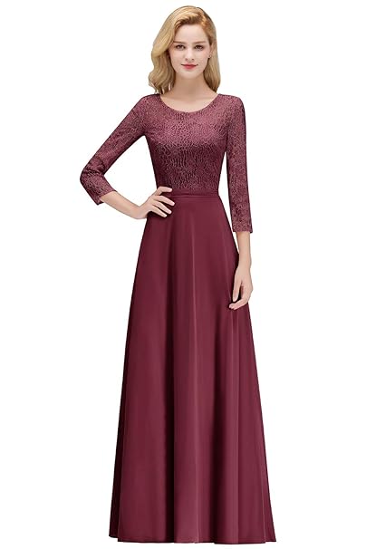 MisShow Elegante Damen Abendkleid 3/4 Langarm Kleid mit Spitzen Chiffon Waistband Rude Rosa Bodenlang Gr.32-46