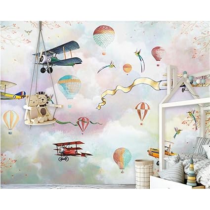 Gmyanbz Dekorations Tapeten Karikatur Heissluft Ballon Kirschbluten Retro Flugzeug Wolken Tapete Kinderzimmer 3d Amazon De Kuche Haushalt