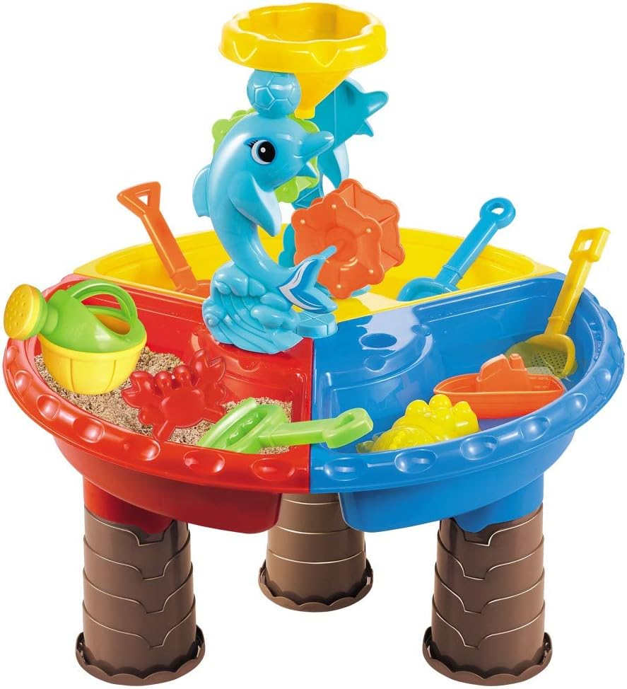 Kids Sand and Water Table - Toddler Summer Splash Water Table - Round Table Splash and Scoop Kids Table โ Detachable Legs โ Beach Tools and Water Cans Indoor Outdoor Educational Activity Toy