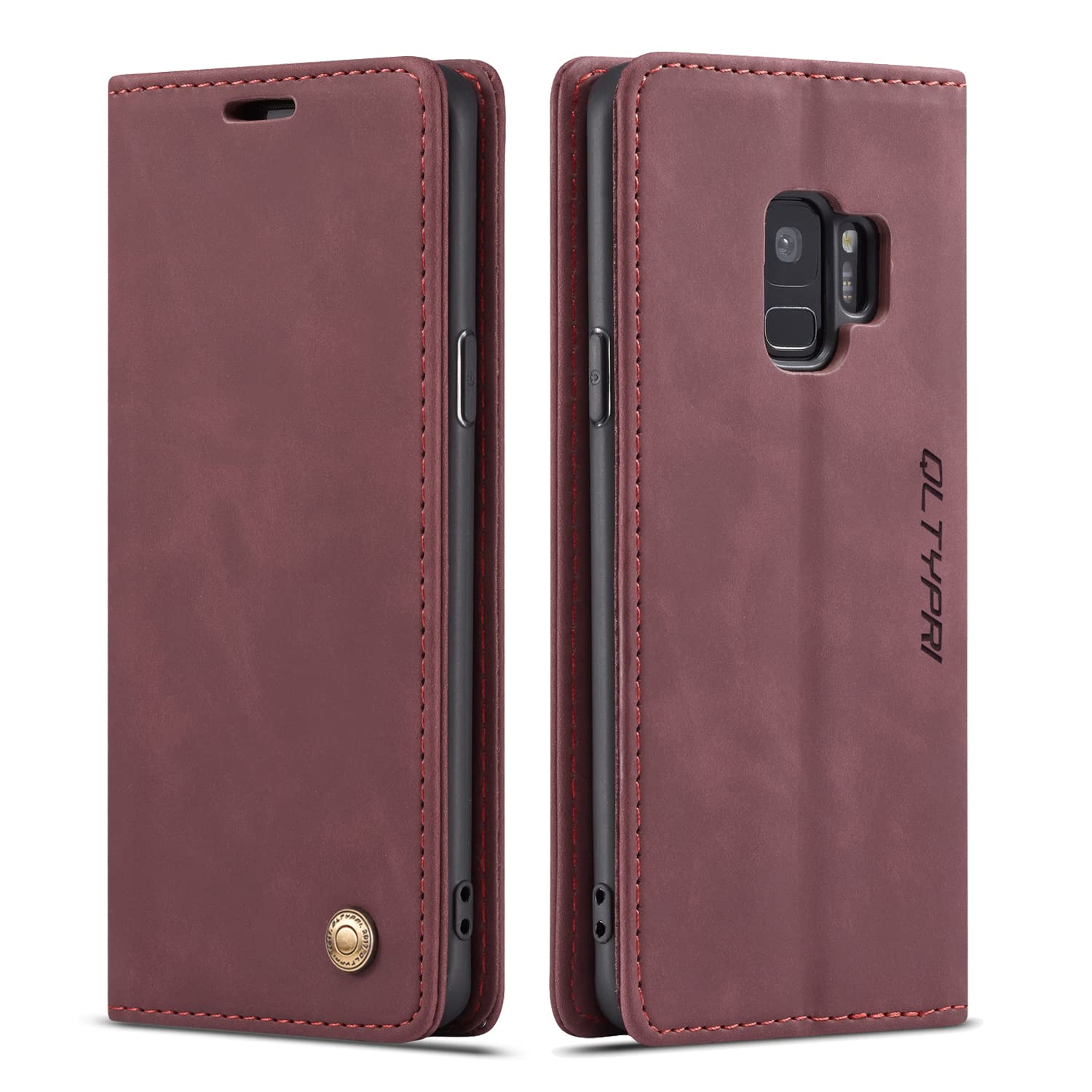 QLTYPRI Case for Samsung Galaxy S9, Vintage PU Leather Wallet Case Card Slot Kickstand Magnetic Closure Shockproof Flip Folio Case Cover for Samsung Galaxy S9 - Red