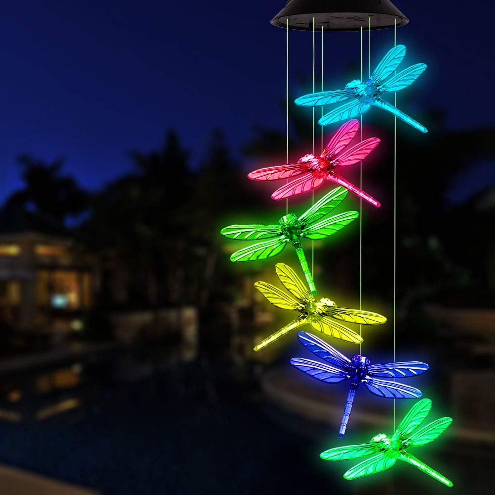 ME9UE Color Changing Dragonfly Solar Wind Chimes Gifts Portable Hanging Waterproof Mobile Romantic Windchime Outdoor LED Solar Dragonfly Wind Chime Light for Festival,Mom Gifts,Patio,Garden Decoration: Home & Kitchen