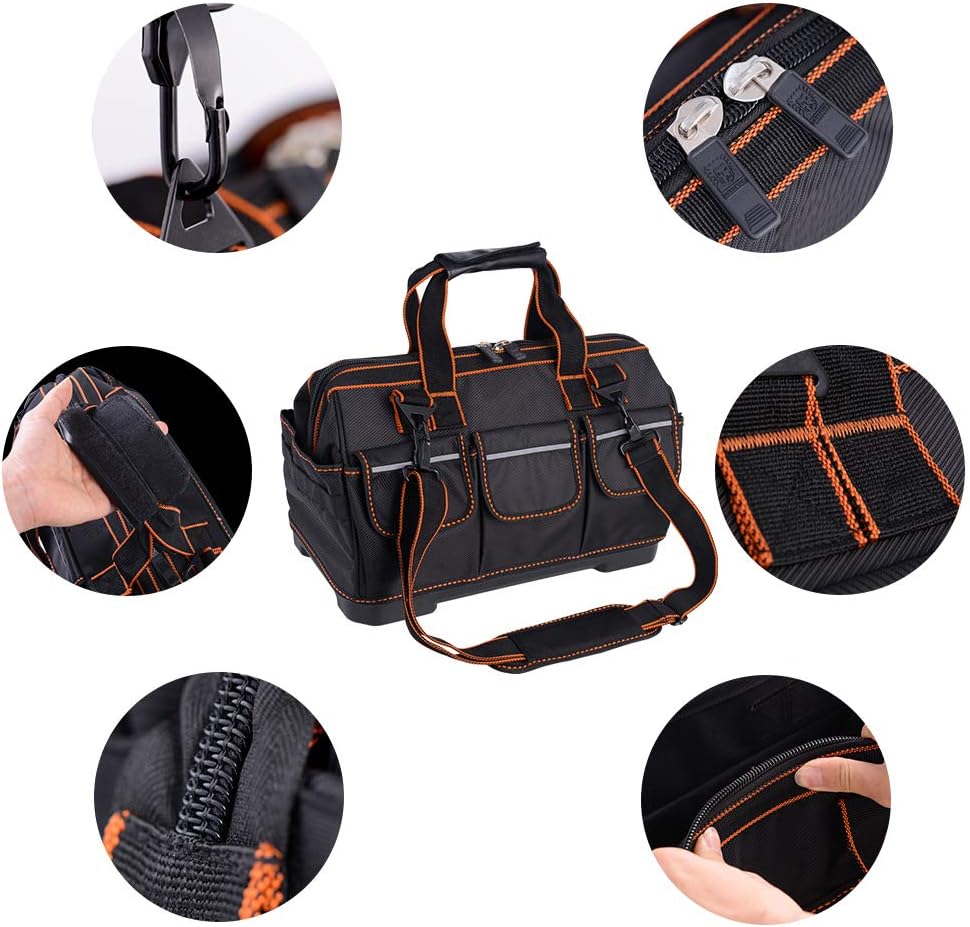 Tool Bags with Water Proof Molded Base, Wide Mouth, Single-Shoulder Tool Storage and Organizers Box 16 Inch 17 Pockets - - 