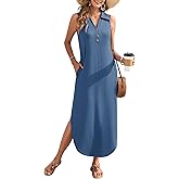 MOLERANI Women's Casual V Neck Maxi Dress Summer Long Sleeveless Sundress with Button 2025 Loose Fit Pockets