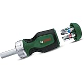 Bosch Stubby Ratchet Screwdriver with Bit Magazine, 6 Pieces (Compact High Torque Ratchet Screwdriver, 6 Bits - PZ1/2,PH2,SL4,TX25,HEX5; Ergonomic; Magnetic Bit Holder)