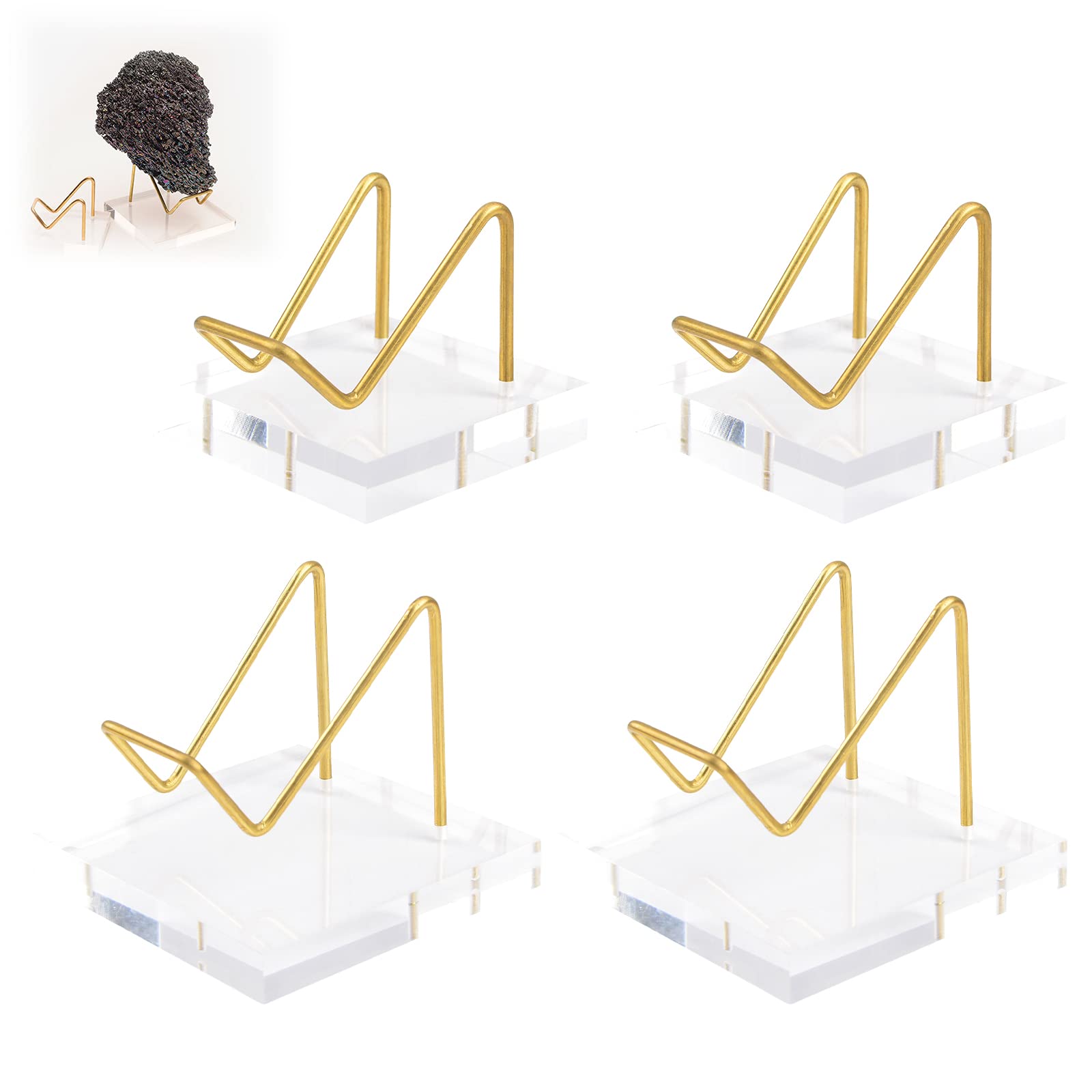 URROMA 4 Pcs Acrylic Raw Stone Display Base, Gold Metal Easel Stand Ore Crystal Rock Mineral Suitable for Mineral Collectors Photo Holder Postcard Holder